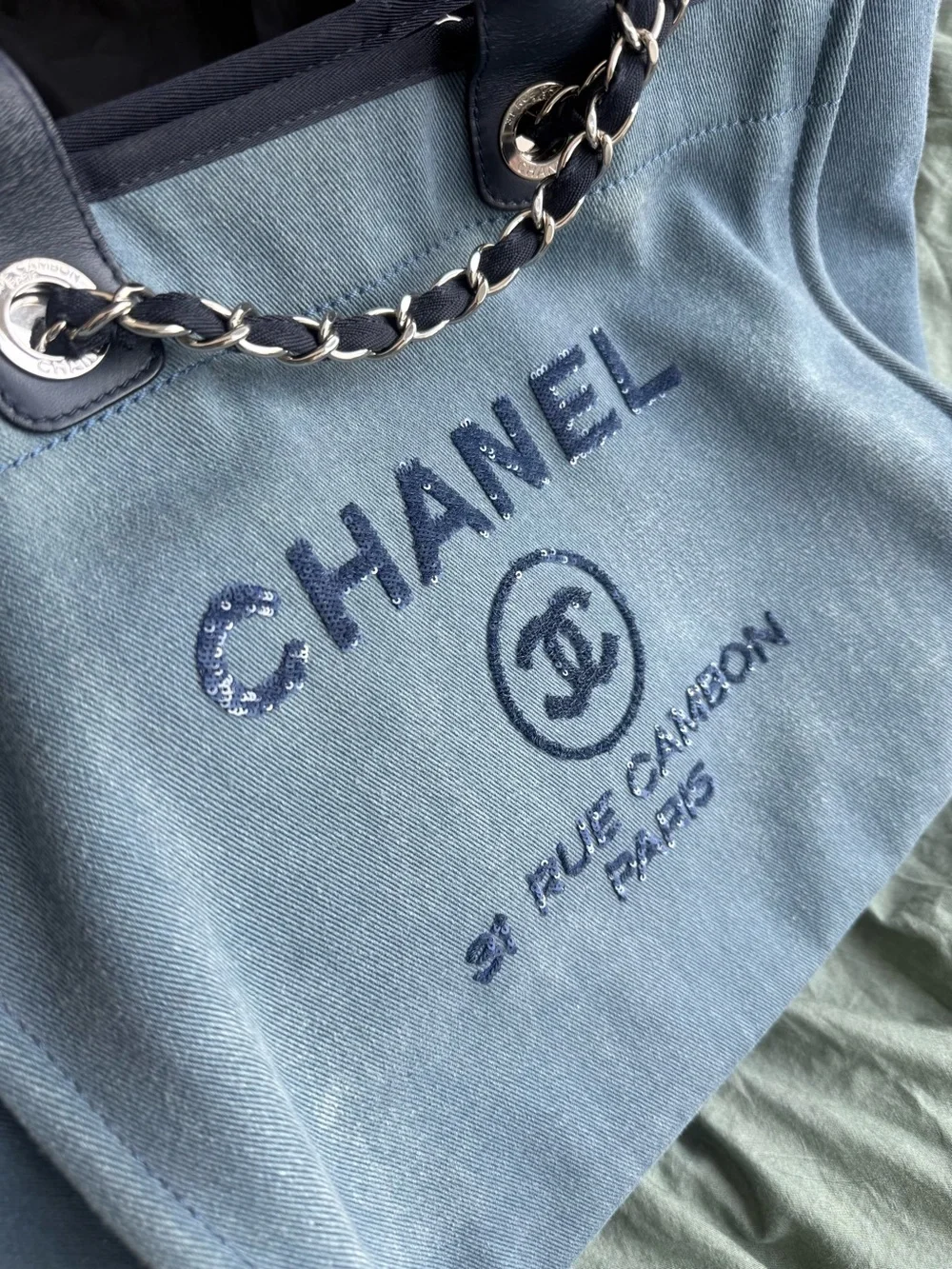 CHANEL Denim Blue Canvas Medium Deauville Sequins Tote